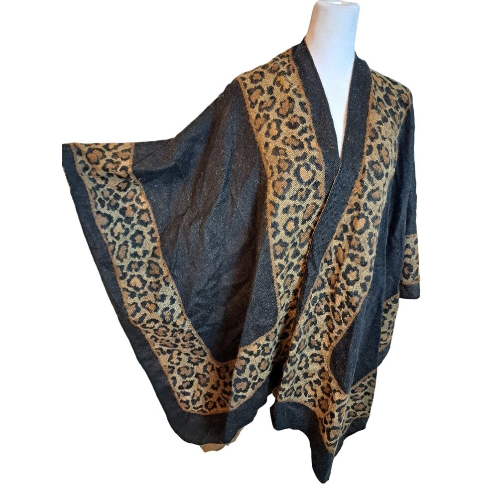 Leopard Print Wrap Reversible Black Brown Scarf One Size - Picture 2 of 5